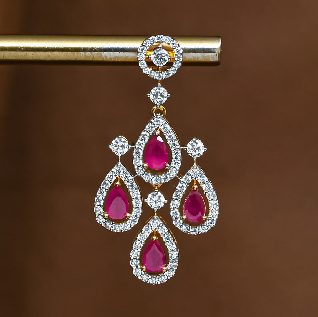 Close-up view of premium 92.5 silver cz ruby earrings with intricate detailing by Sri Fine Jewellery, Hyderabad (https://srifinejewellery.com)