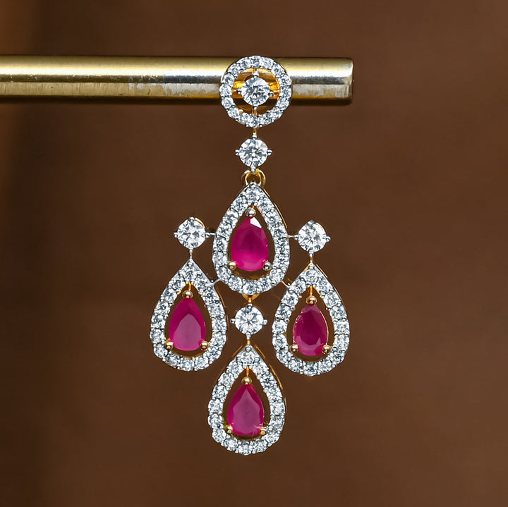 Close-up view of premium 92.5 silver cz ruby earrings with intricate detailing by Sri Fine Jewellery, Hyderabad (https://srifinejewellery.com)