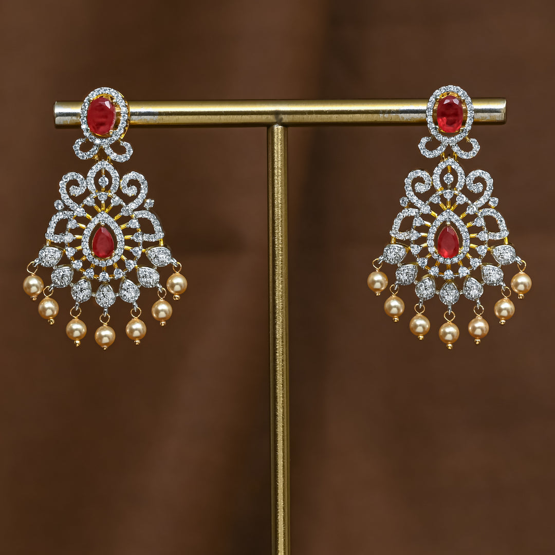 Full view of premium 92.5 silver cz ruby earrings with intricate detailing and pearl drops by Sri Fine Jewellery, Hyderabad (https://srifinejewellery.com)