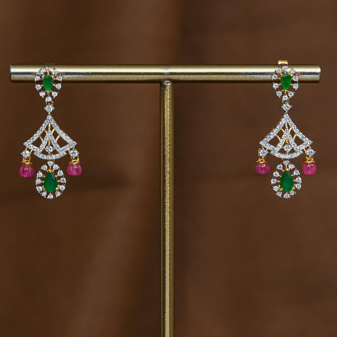 Full view of premium 92.5 silver cz emerald earrings with intricate detailing by Sri Fine Jewellery, Hyderabad (https://srifinejewellery.com)
