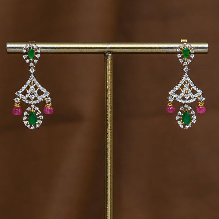 Full view of premium 92.5 silver cz emerald earrings with intricate detailing by Sri Fine Jewellery, Hyderabad (https://srifinejewellery.com)