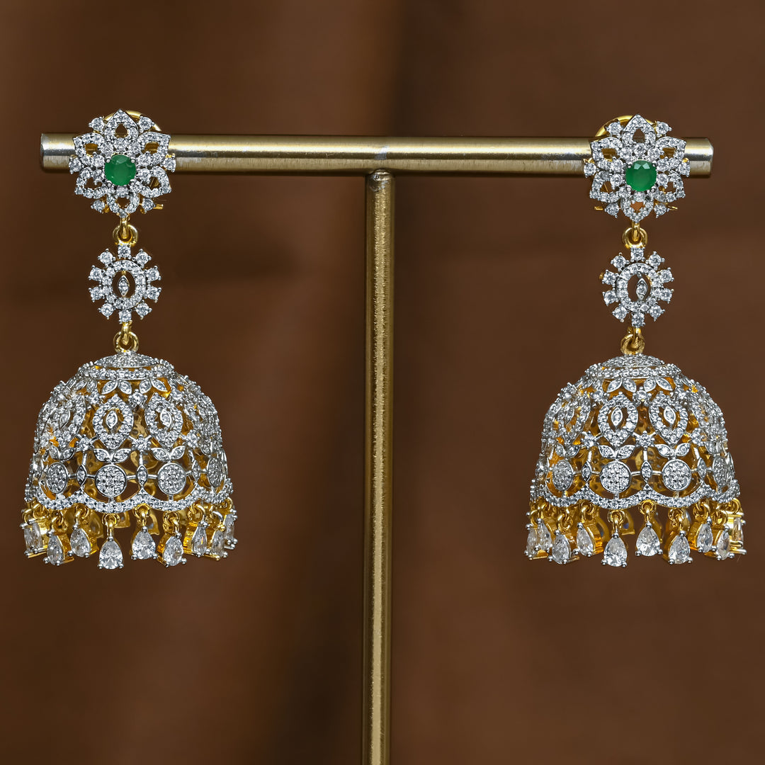 Full view of premium 92.5 silver cz emerald jhumka earrings with intricate detailing and cz drops by Sri Fine Jewellery, Hyderabad (https://srifinejewellery.com)