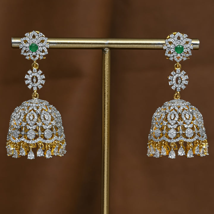 Full view of premium 92.5 silver cz emerald jhumka earrings with intricate detailing and cz drops by Sri Fine Jewellery, Hyderabad (https://srifinejewellery.com)