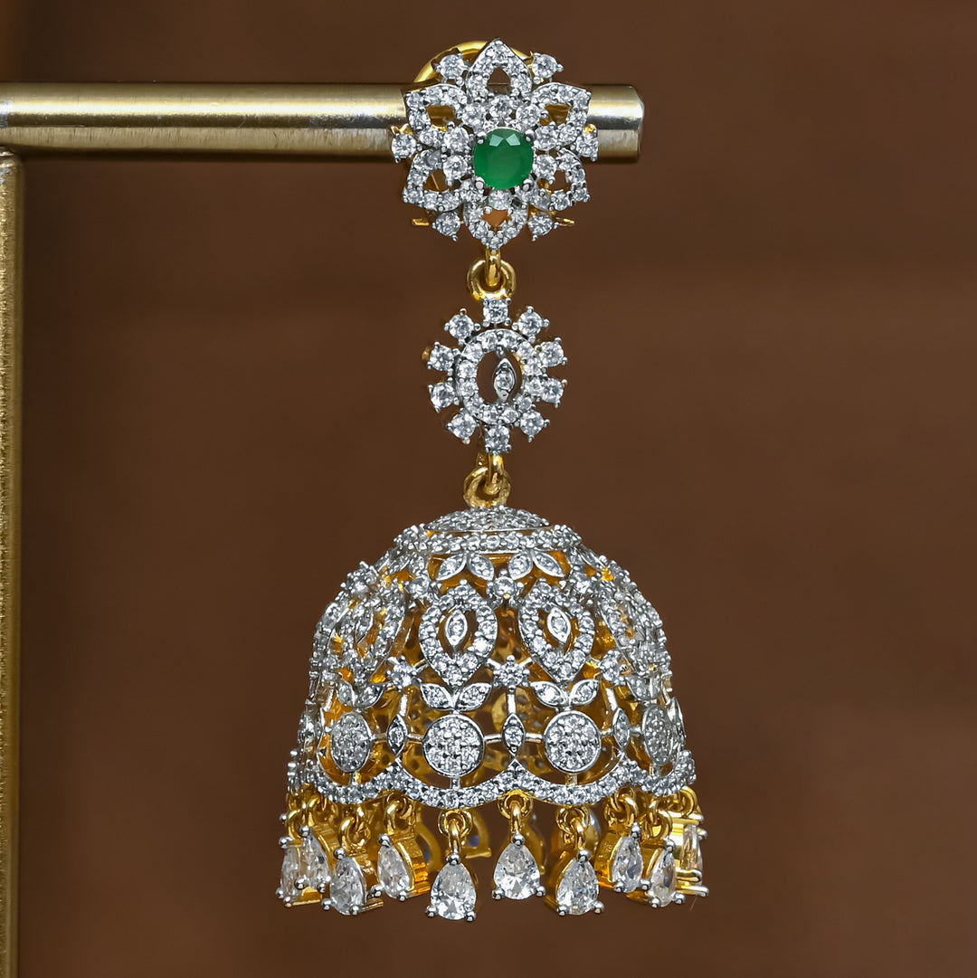 Close-up view of premium 92.5 silver cz emerald jhumka earrings with intricate detailing and cz drops by Sri Fine Jewellery, Hyderabad (https://srifinejewellery.com)