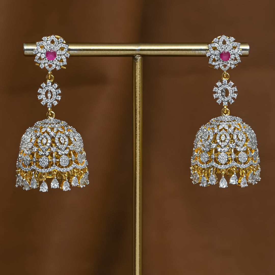 Full view of premium 92.5 silver cz ruby jhumka earrings with intricate detailing and cz drops by Sri Fine Jewellery, Hyderabad (https://srifinejewellery.com)