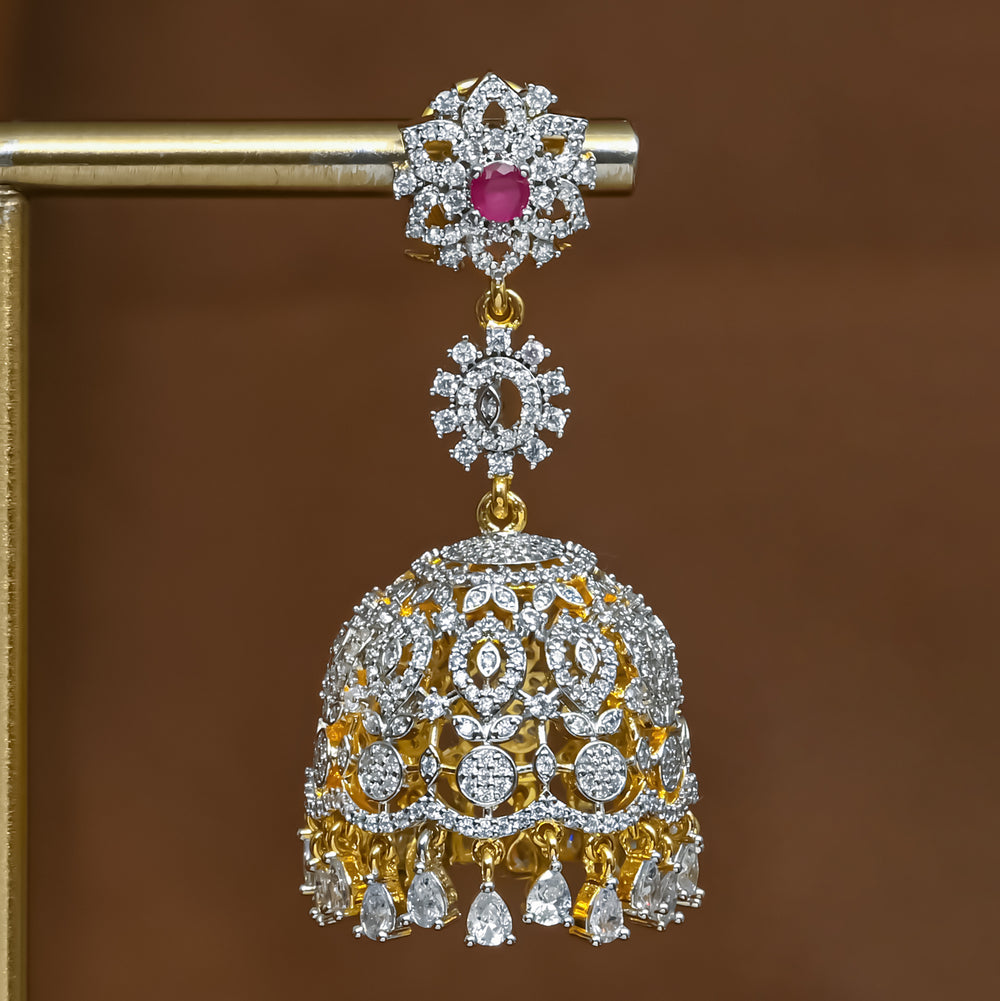 Close-up view of premium 92.5 silver cz emerald jhumka earrings with intricate detailing and cz drops by Sri Fine Jewellery, Hyderabad (https://srifinejewellery.com)