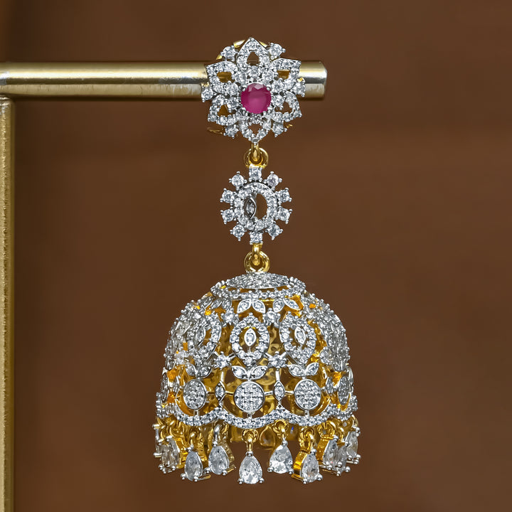 Close-up view of premium 92.5 silver cz emerald jhumka earrings with intricate detailing and cz drops by Sri Fine Jewellery, Hyderabad (https://srifinejewellery.com)