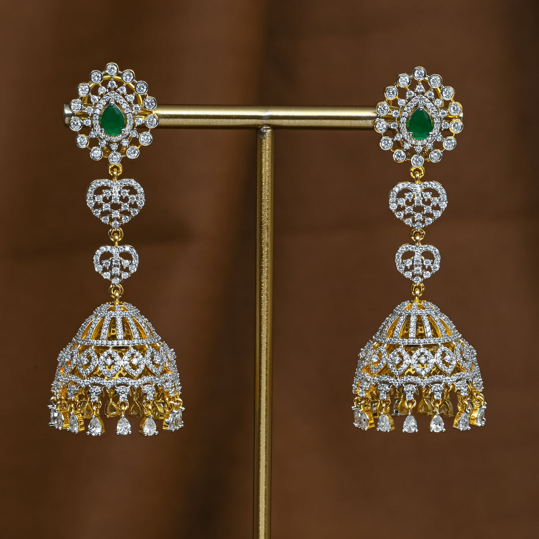 Full view of premium 92.5 silver cz emerald jhumka earrings with intricate detailing and cz drops by Sri Fine Jewellery, Hyderabad (https://srifinejewellery.com)