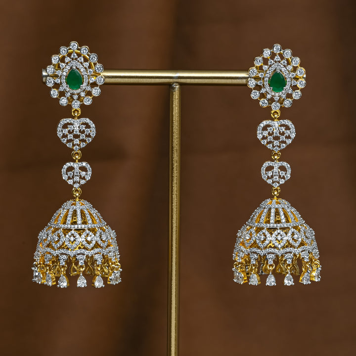 Full view of premium 92.5 silver cz emerald jhumka earrings with intricate detailing and cz drops by Sri Fine Jewellery, Hyderabad (https://srifinejewellery.com)