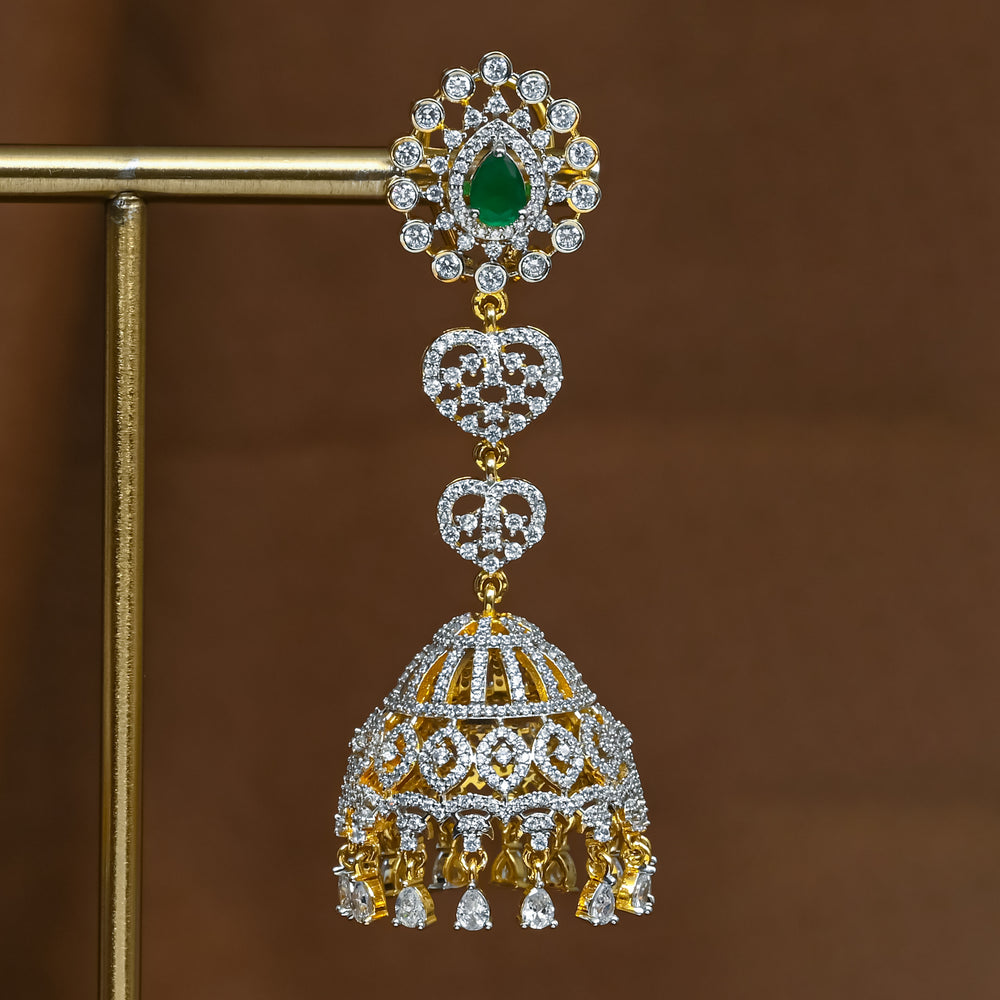 Close-up view of premium 92.5 silver cz emerald jhumka earrings with intricate detailing and cz drops by Sri Fine Jewellery, Hyderabad (https://srifinejewellery.com)