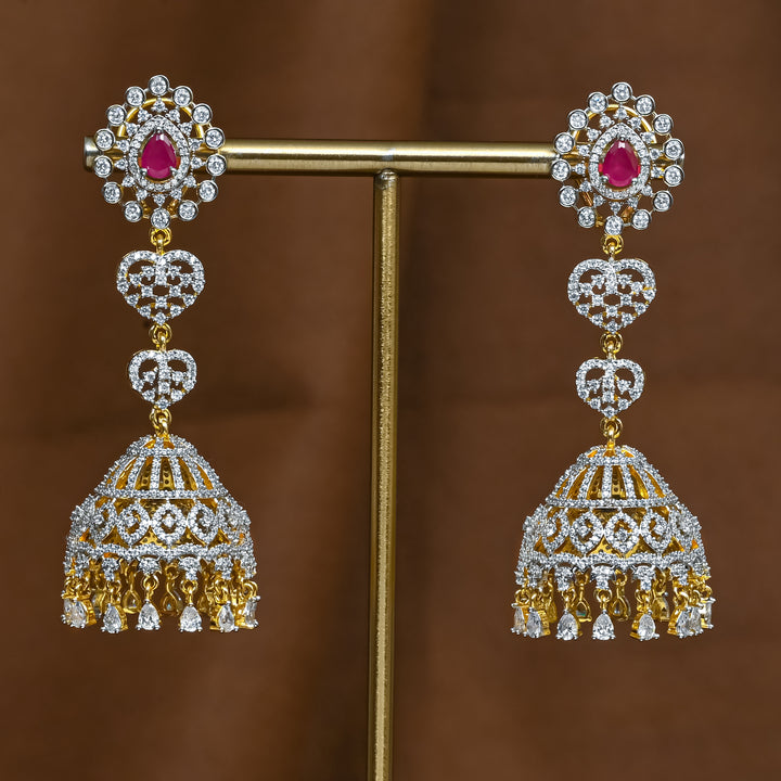 Full view of premium 92.5 silver cz ruby jhumka earrings with intricate detailing and cz drops by Sri Fine Jewellery, Hyderabad (https://srifinejewellery.com)