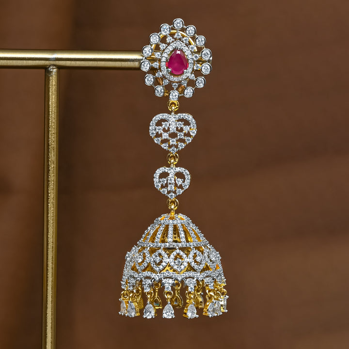 Close-up view of premium 92.5 silver cz emerald jhumka earrings with intricate detailing and cz drops by Sri Fine Jewellery, Hyderabad (https://srifinejewellery.com)