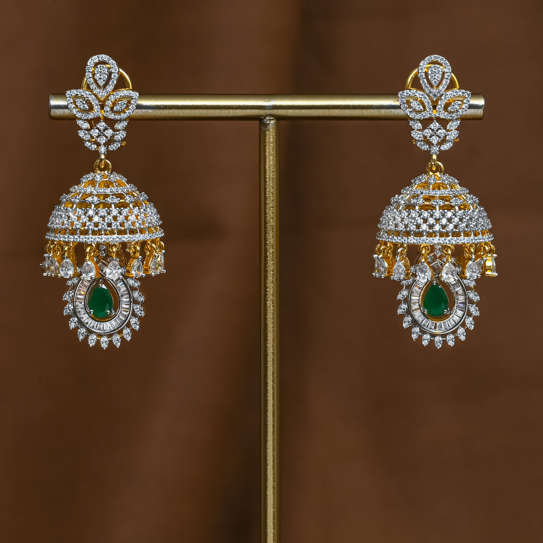 Full view of premium 92.5 silver cz emerald jhumka earrings with intricate detailing by Sri Fine Jewellery, Hyderabad (https://srifinejewellery.com)