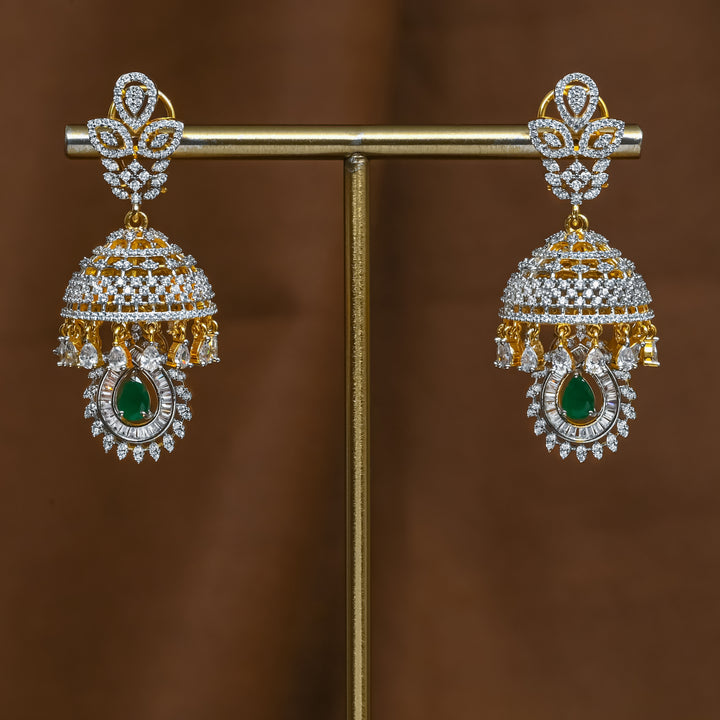 Full view of premium 92.5 silver cz emerald jhumka earrings with intricate detailing by Sri Fine Jewellery, Hyderabad (https://srifinejewellery.com)