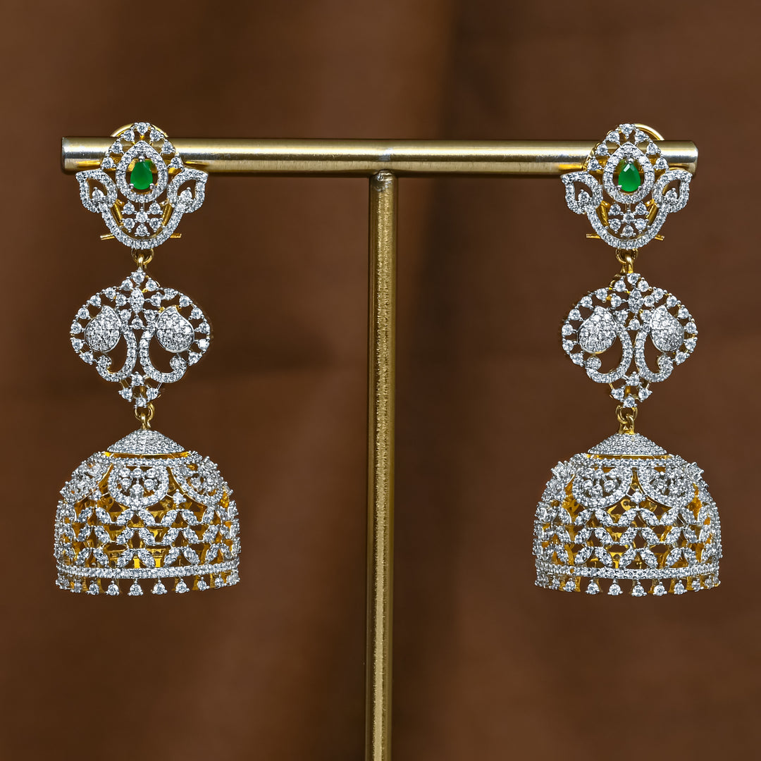 Full view of premium 92.5 silver cz emerald jhumka earrings with intricate detailing by Sri Fine Jewellery, Hyderabad (https://srifinejewellery.com)