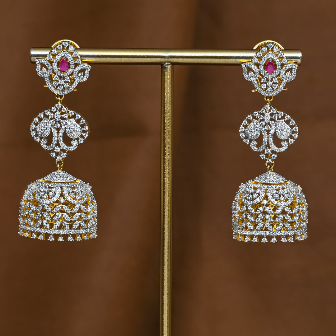 Full view of premium 92.5 silver cz ruby jhumka earrings with intricate detailing by Sri Fine Jewellery, Hyderabad (https://srifinejewellery.com)