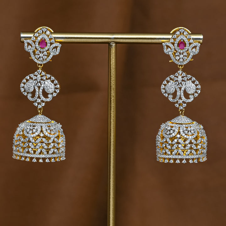 Full view of premium 92.5 silver cz ruby jhumka earrings with intricate detailing by Sri Fine Jewellery, Hyderabad (https://srifinejewellery.com)