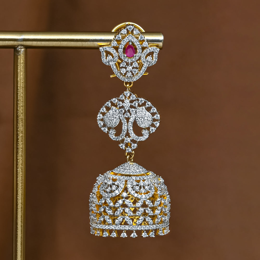 Close-up view of premium 92.5 silver cz ruby jhumka earrings with intricate detailing by Sri Fine Jewellery, Hyderabad (https://srifinejewellery.com)