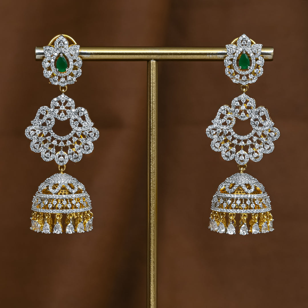 Full view of premium 92.5 silver cz emerald jhumka earrings with intricate detailing and cz drops by Sri Fine Jewellery, Hyderabad (https://srifinejewellery.com)
