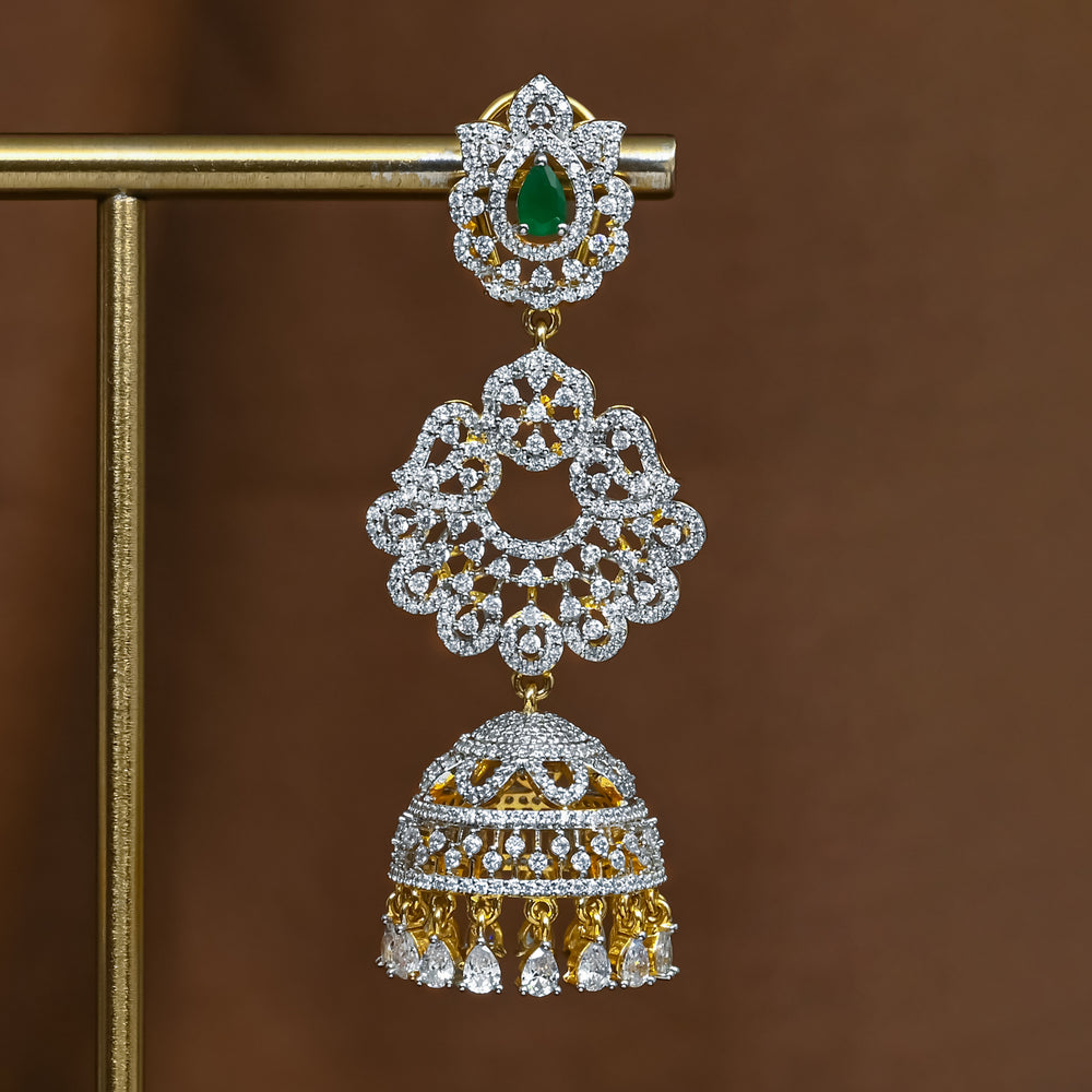Close-up view of premium 92.5 silver cz emerald jhumka earrings with intricate detailing and cz drops by Sri Fine Jewellery, Hyderabad (https://srifinejewellery.com)