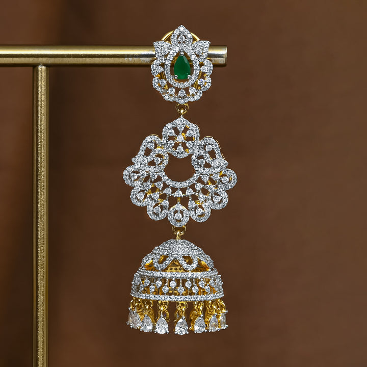 Close-up view of premium 92.5 silver cz emerald jhumka earrings with intricate detailing and cz drops by Sri Fine Jewellery, Hyderabad (https://srifinejewellery.com)