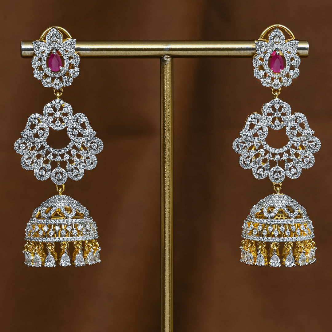Full view of premium 92.5 silver cz ruby jhumka earrings with intricate detailing and cz drops by Sri Fine Jewellery, Hyderabad (https://srifinejewellery.com)