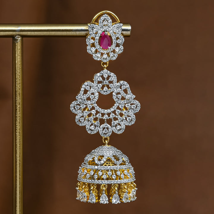 Close-up view of premium 92.5 silver cz ruby jhumka earrings with intricate detailing and cz drops by Sri Fine Jewellery, Hyderabad (https://srifinejewellery.com)