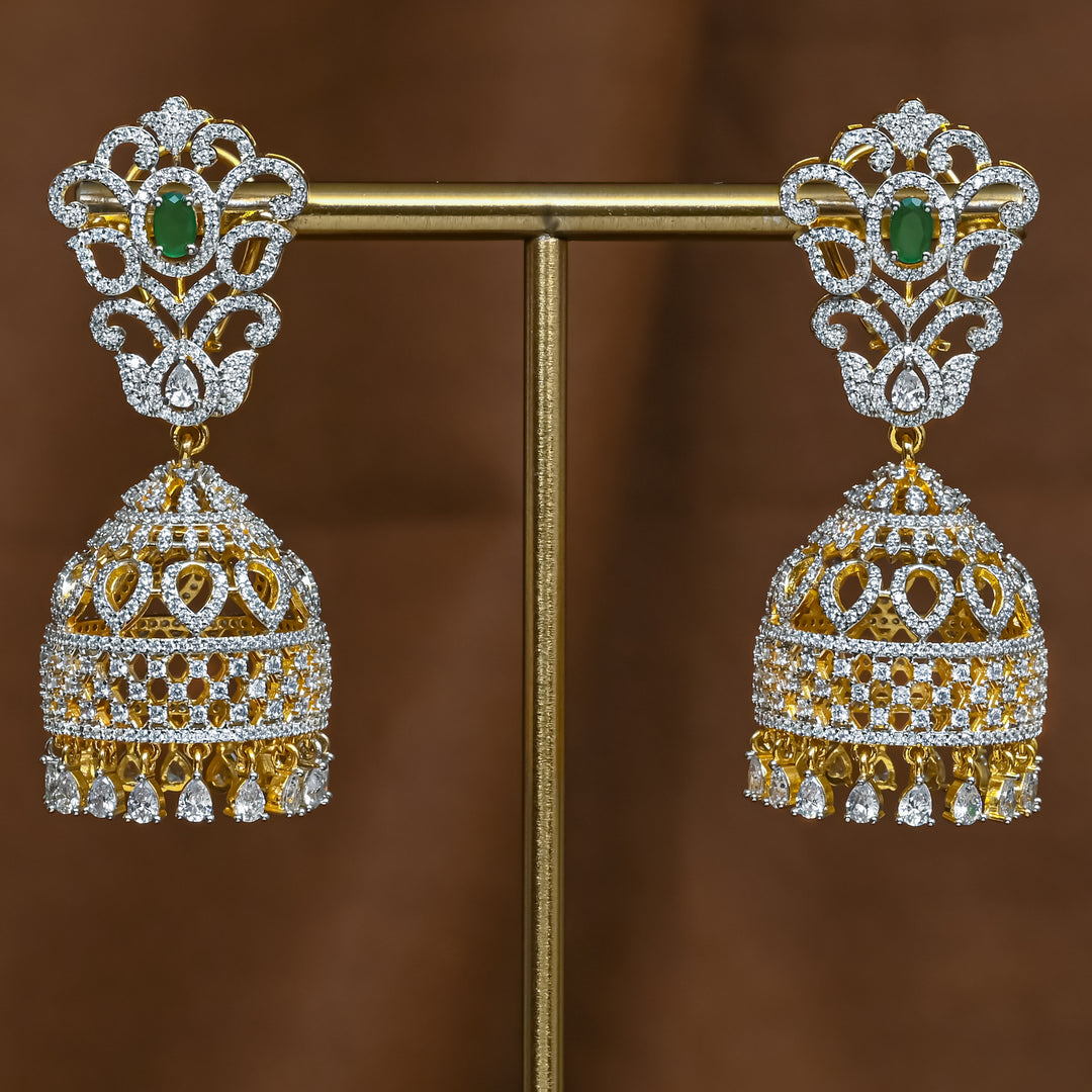 Full view of premium 92.5 silver cz emerald jhumka earrings with intricate detailing and cz drops by Sri Fine Jewellery, Hyderabad (https://srifinejewellery.com)