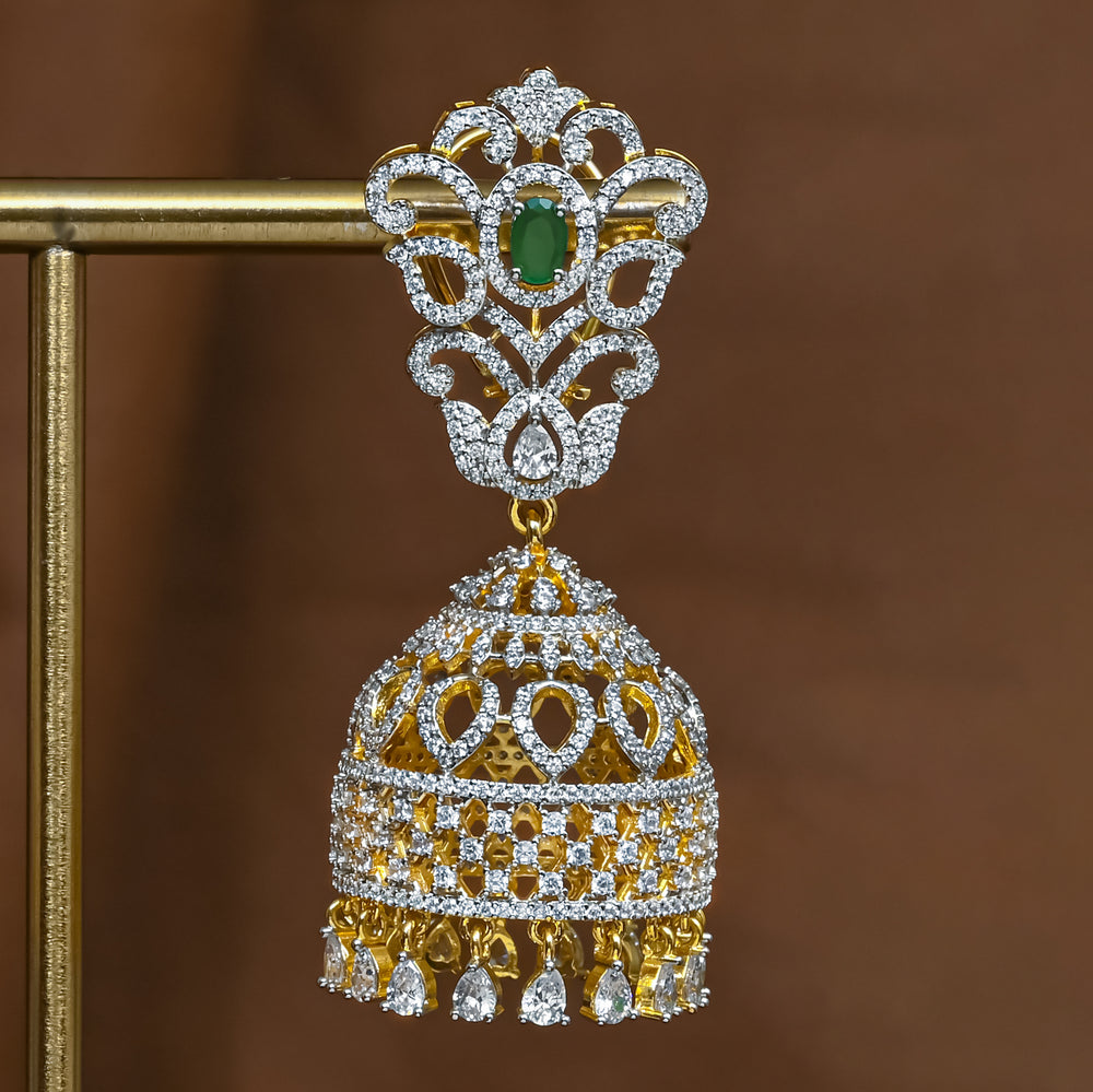 Close-up view of premium 92.5 silver cz emerald jhumka earrings with intricate detailing and cz drops by Sri Fine Jewellery, Hyderabad (https://srifinejewellery.com)