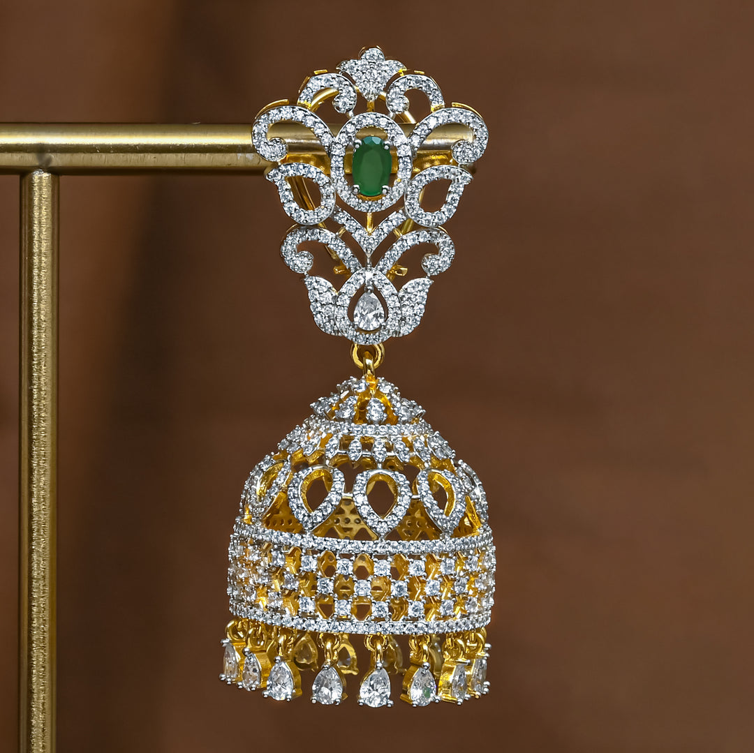Close-up view of premium 92.5 silver cz emerald jhumka earrings with intricate detailing and cz drops by Sri Fine Jewellery, Hyderabad (https://srifinejewellery.com)