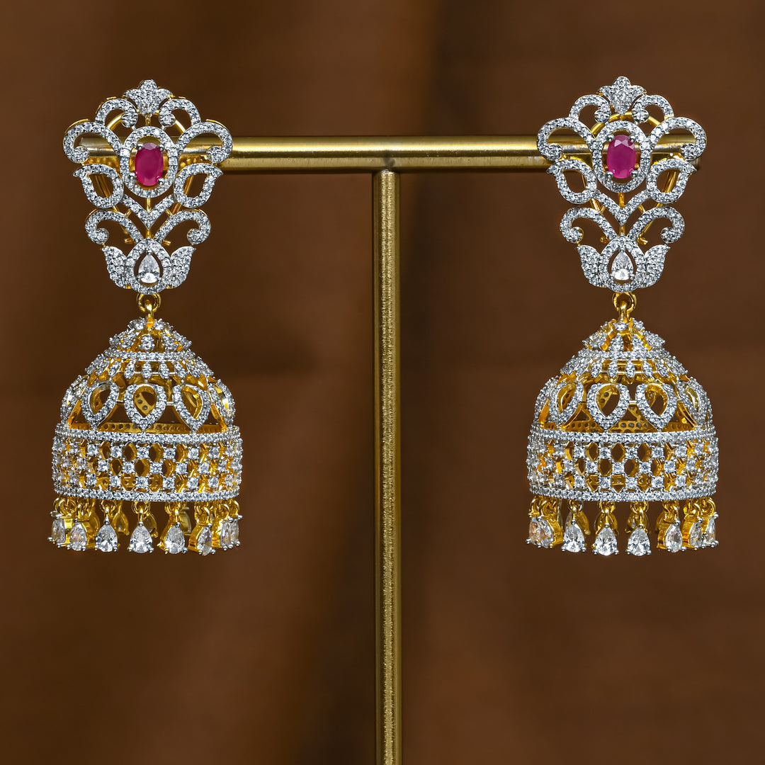 Full view of premium 92.5 silver cz ruby jhumka earrings with intricate detailing and cz drops by Sri Fine Jewellery, Hyderabad (https://srifinejewellery.com)