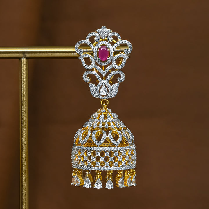 Close-up view of premium 92.5 silver cz ruby jhumka earrings with intricate detailing and cz drops by Sri Fine Jewellery, Hyderabad (https://srifinejewellery.com)