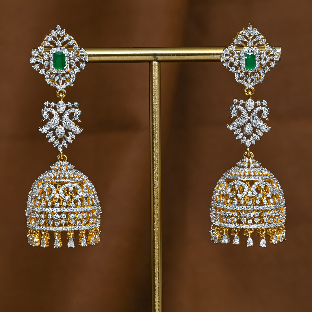 Full view of premium 92.5 silver cz emerald jhumka earrings with intricate detailing and cz drops by Sri Fine Jewellery, Hyderabad (https://srifinejewellery.com)