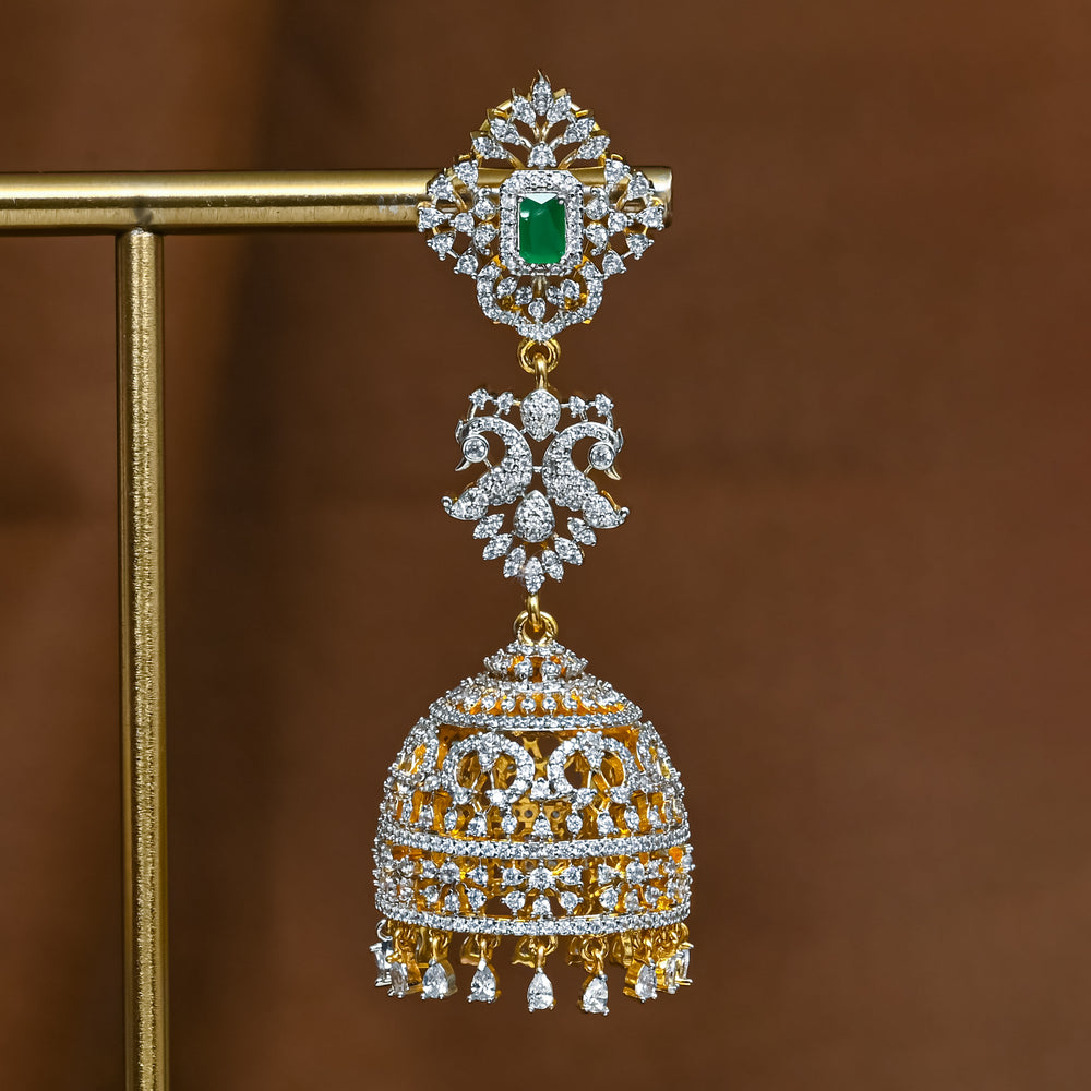 Close-up view of premium 92.5 silver cz emerald jhumka earrings with intricate detailing and cz drops by Sri Fine Jewellery, Hyderabad (https://srifinejewellery.com)