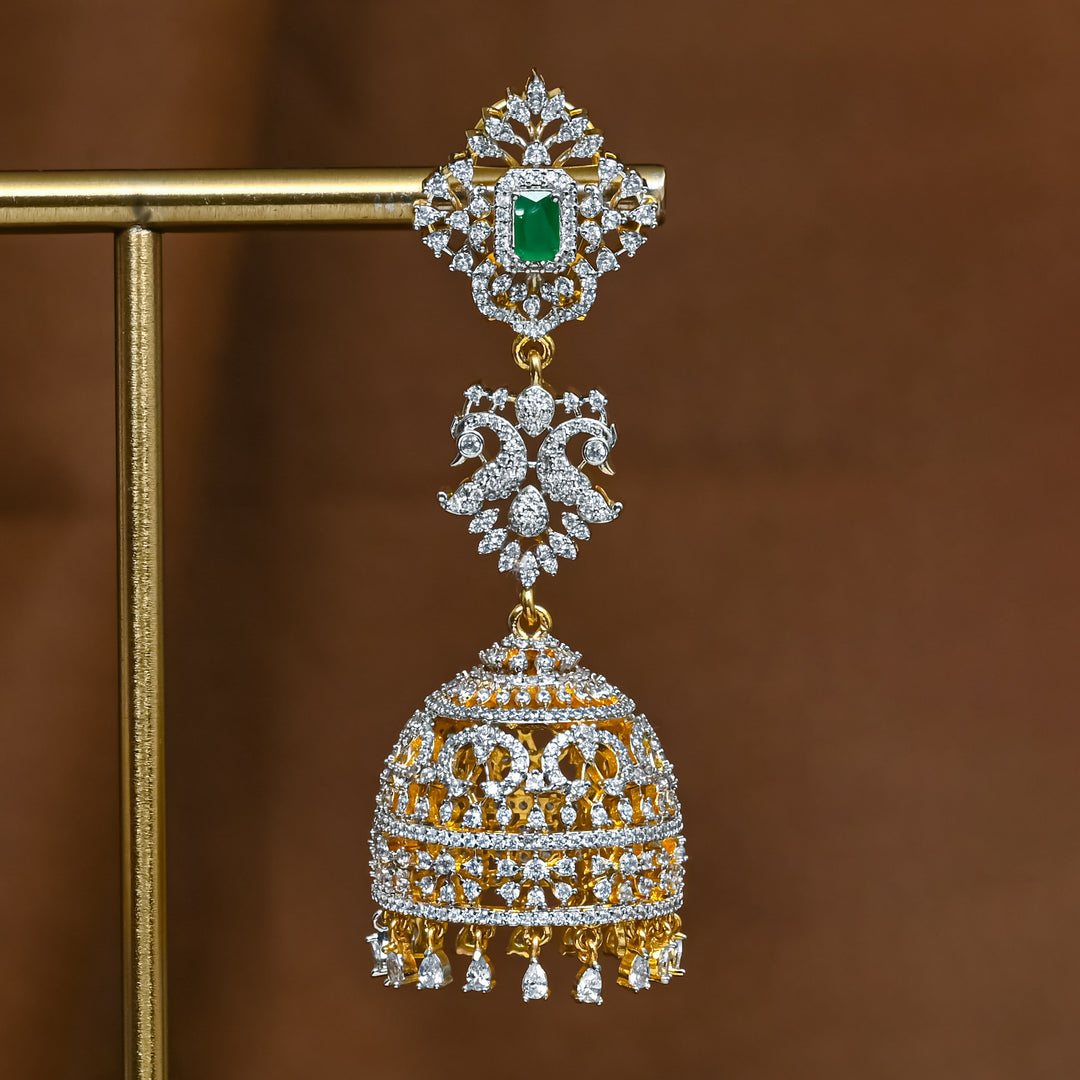 Close-up view of premium 92.5 silver cz emerald jhumka earrings with intricate detailing and cz drops by Sri Fine Jewellery, Hyderabad (https://srifinejewellery.com)
