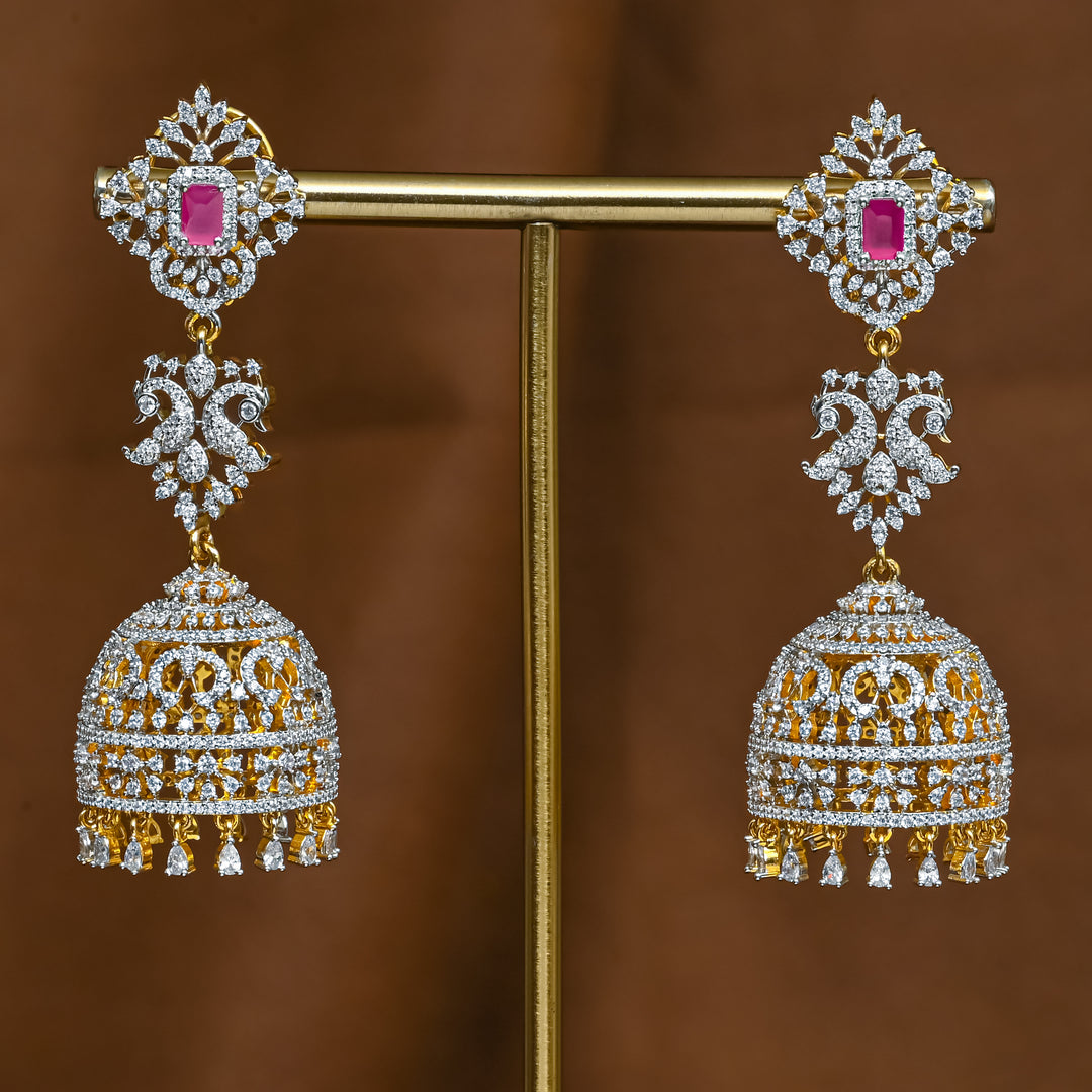 Full view of premium 92.5 silver cz ruby jhumka earrings with intricate detailing and cz drops by Sri Fine Jewellery, Hyderabad (https://srifinejewellery.com)