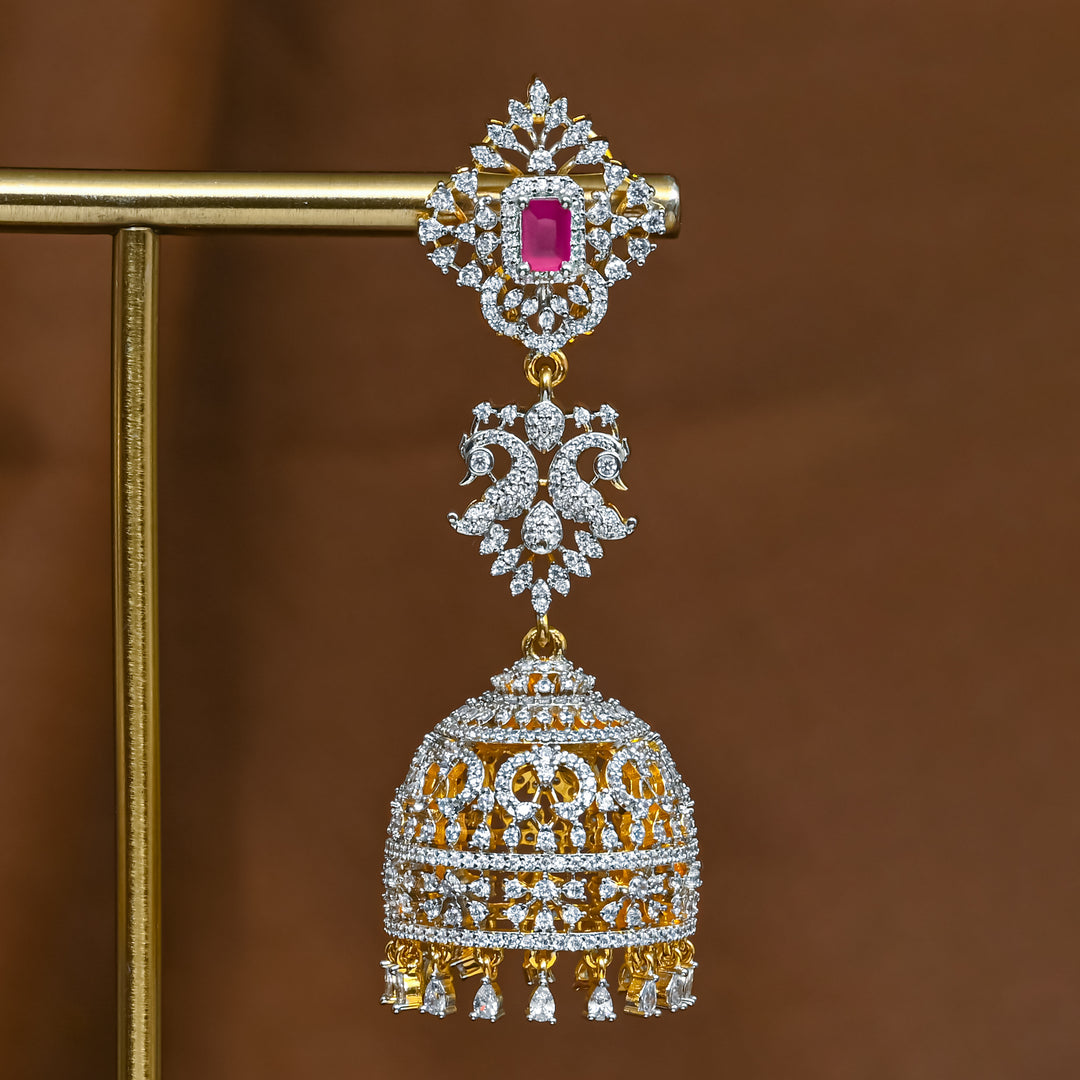 Close-up view of premium 92.5 silver cz ruby jhumka earrings with intricate detailing and cz drops by Sri Fine Jewellery, Hyderabad (https://srifinejewellery.com)