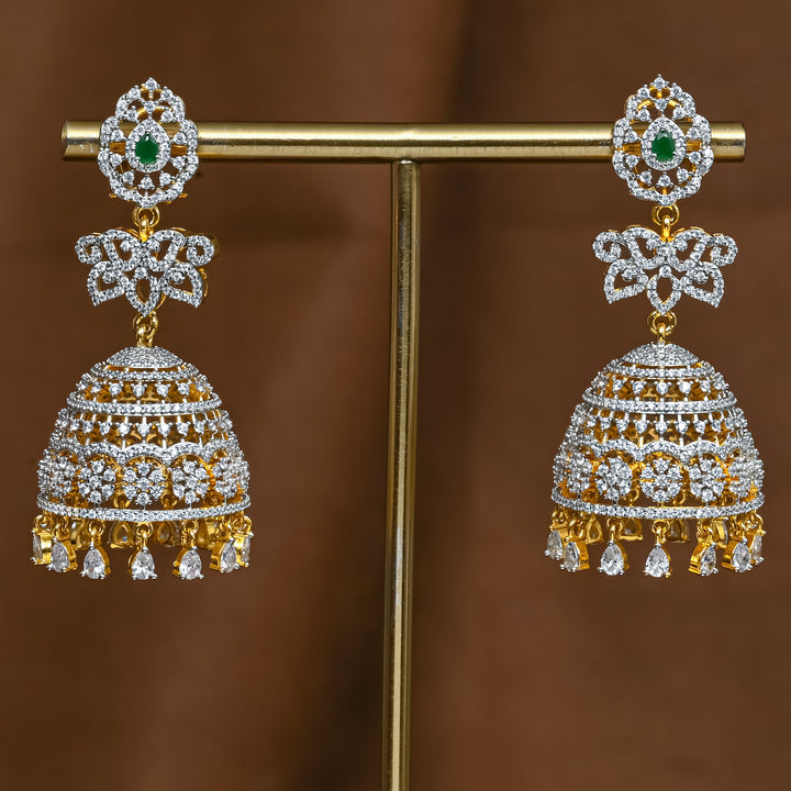 Full view of premium 92.5 silver cz emerald jhumka earrings with intricate detailing and cz drops by Sri Fine Jewellery, Hyderabad (https://srifinejewellery.com)