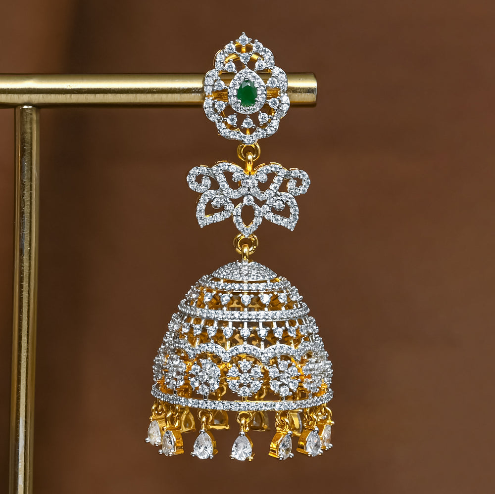 Close-up view of premium 92.5 silver cz emerald jhumka earrings with intricate detailing and cz drops by Sri Fine Jewellery, Hyderabad (https://srifinejewellery.com)