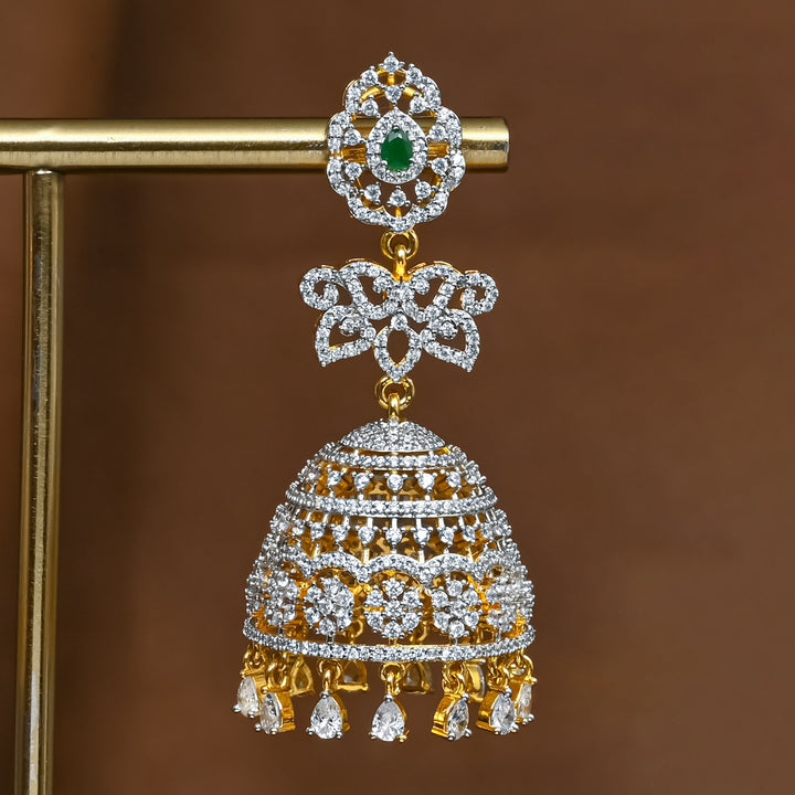 Close-up view of premium 92.5 silver cz emerald jhumka earrings with intricate detailing and cz drops by Sri Fine Jewellery, Hyderabad (https://srifinejewellery.com)