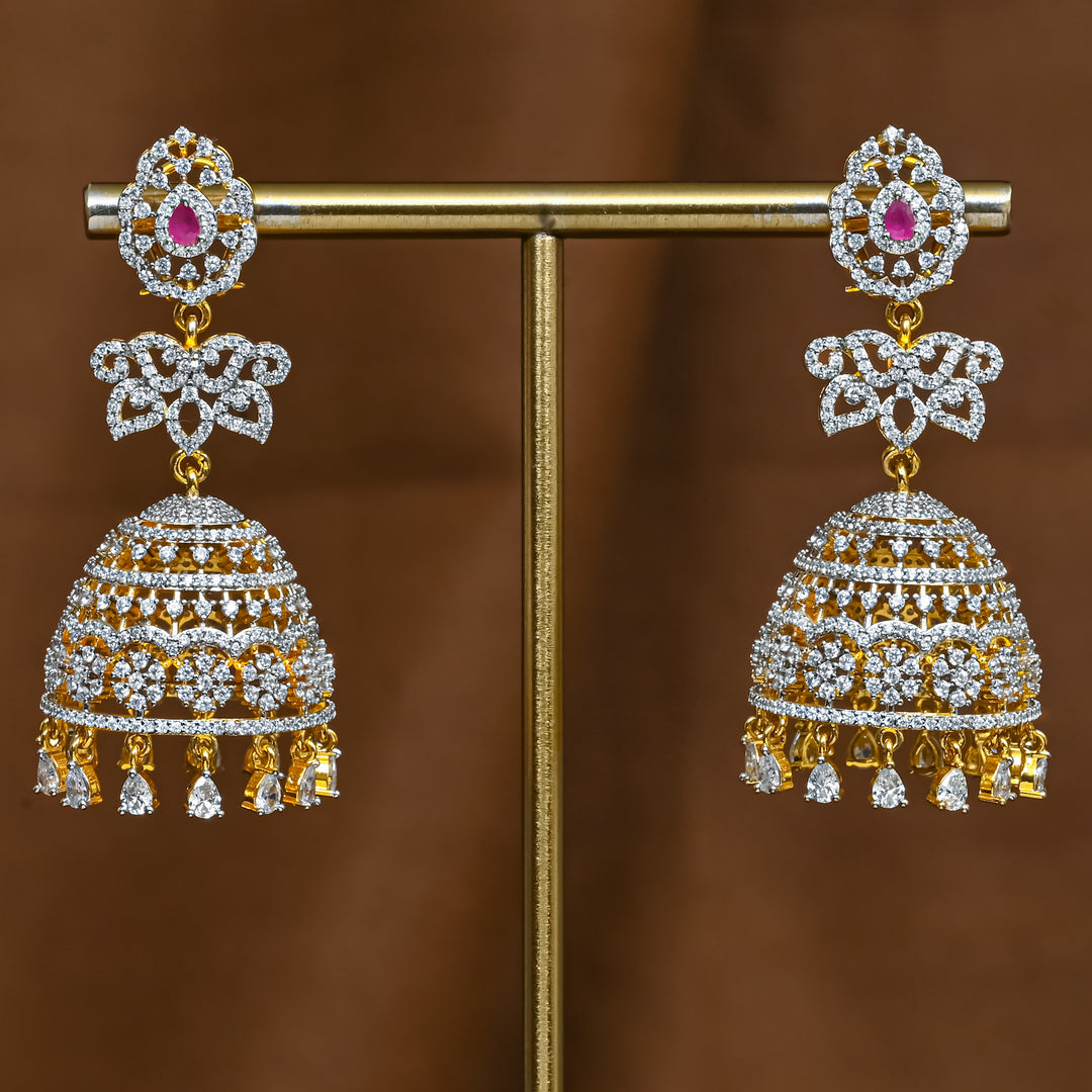 Full view of premium 92.5 silver cz ruby jhumka earrings with intricate detailing and cz drops by Sri Fine Jewellery, Hyderabad (https://srifinejewellery.com)