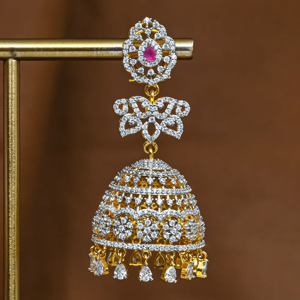 Close-up view of premium 92.5 silver cz emerald jhumka earrings with intricate detailing and cz drops by Sri Fine Jewellery, Hyderabad (https://srifinejewellery.com)