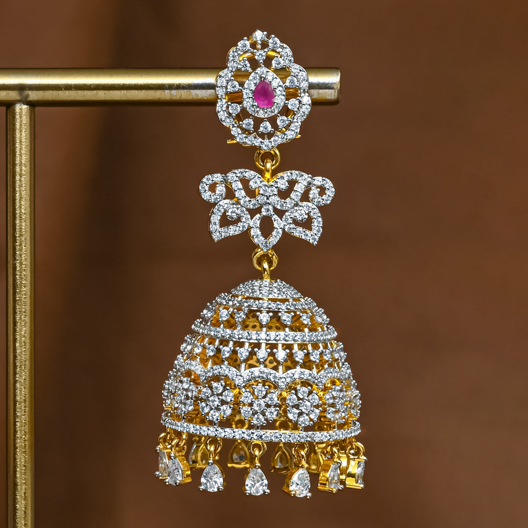 Close-up view of premium 92.5 silver cz emerald jhumka earrings with intricate detailing and cz drops by Sri Fine Jewellery, Hyderabad (https://srifinejewellery.com)