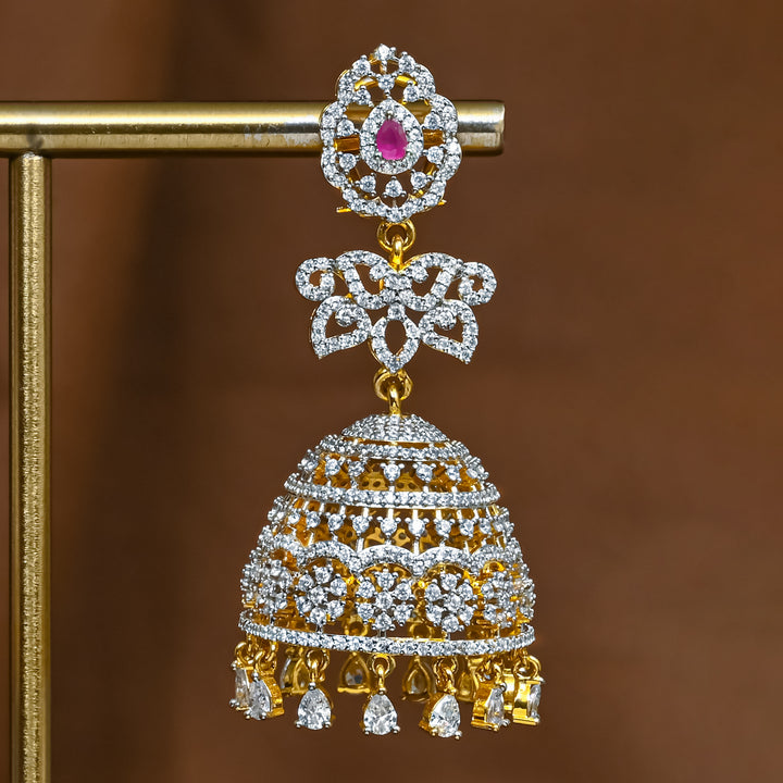 Close-up view of premium 92.5 silver cz emerald jhumka earrings with intricate detailing and cz drops by Sri Fine Jewellery, Hyderabad (https://srifinejewellery.com)