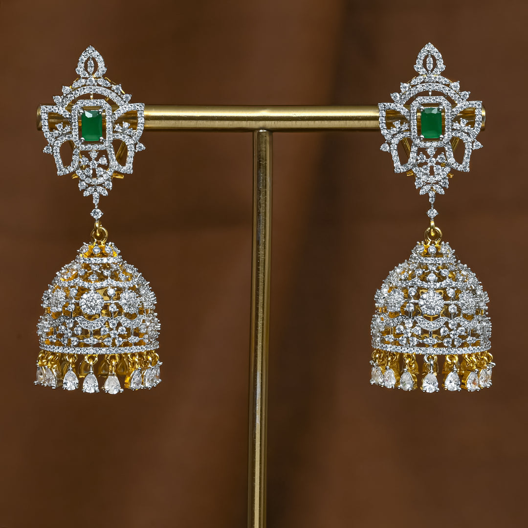 Full view of premium 92.5 silver cz emerald jhumka earrings with intricate detailing and cz drops by Sri Fine Jewellery, Hyderabad (https://srifinejewellery.com)