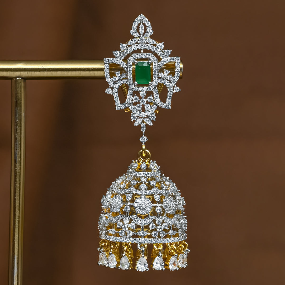 Close-up view of premium 92.5 silver cz emerald jhumka earrings with intricate detailing and cz drops by Sri Fine Jewellery, Hyderabad (https://srifinejewellery.com)