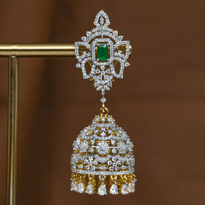 Close-up view of premium 92.5 silver cz emerald jhumka earrings with intricate detailing and cz drops by Sri Fine Jewellery, Hyderabad (https://srifinejewellery.com)