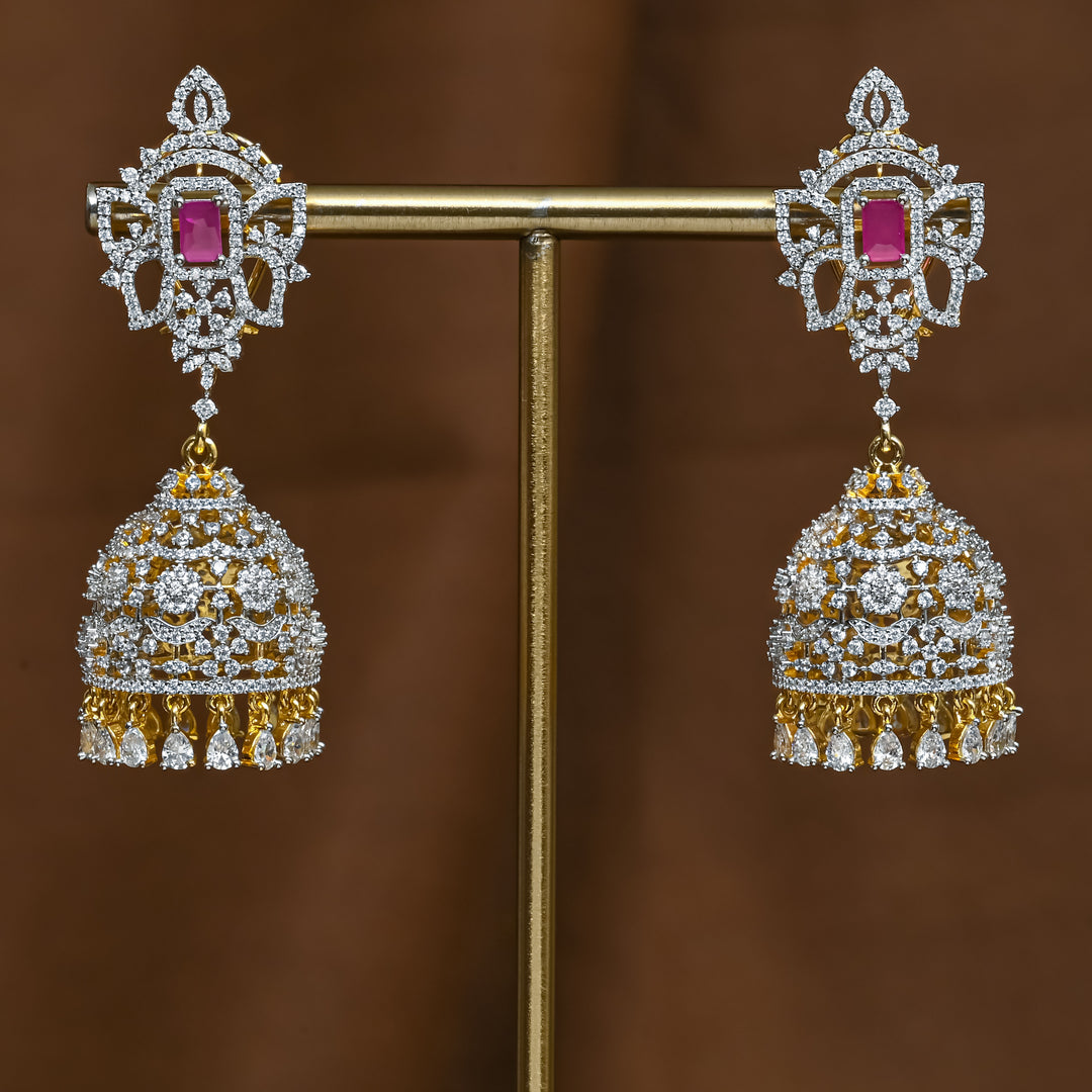 Full view of premium 92.5 silver cz ruby jhumka earrings with intricate detailing and cz drops by Sri Fine Jewellery, Hyderabad (https://srifinejewellery.com)