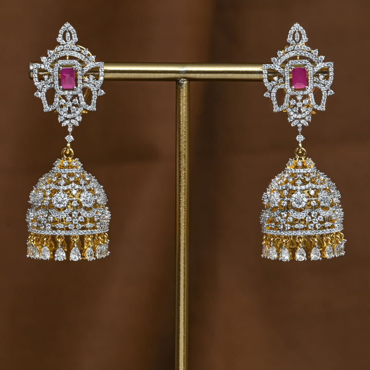 Full view of premium 92.5 silver cz ruby jhumka earrings with intricate detailing and cz drops by Sri Fine Jewellery, Hyderabad (https://srifinejewellery.com)