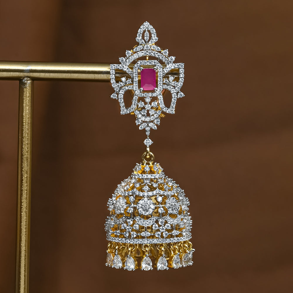 Close-up view of premium 92.5 silver cz emerald jhumka earrings with intricate detailing and cz drops by Sri Fine Jewellery, Hyderabad (https://srifinejewellery.com)